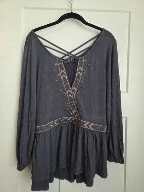 0067.  POL Grey Embroidered Strappy Peasant Top